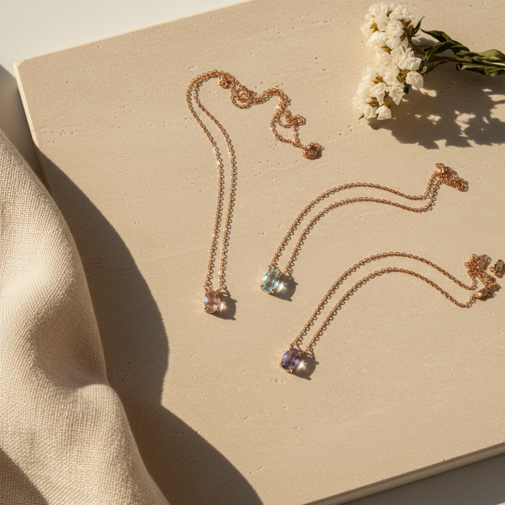 Rose gold birthstone pendant necklaces with gemstone drops arranged on travertine — birthstone necklace collection by Seeyoura