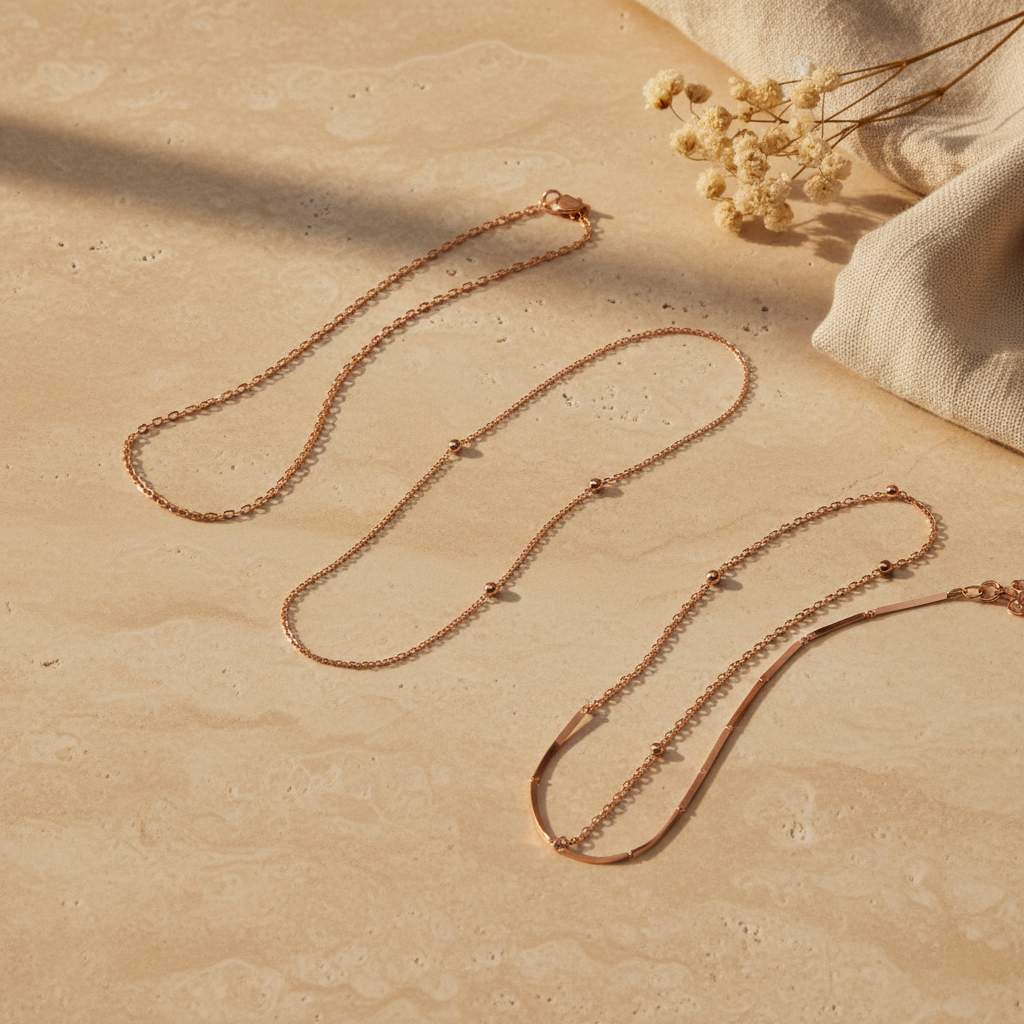 Delicate rose gold chain necklaces arranged on travertine — chain necklace collection by Seeyoura