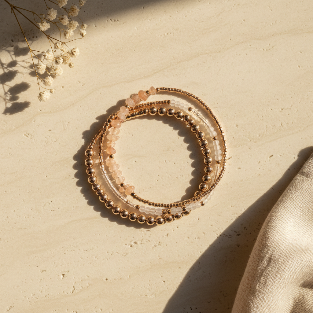 Stackable rose gold beaded bracelets arranged on travertine — beaded bracelet collection by Seeyoura