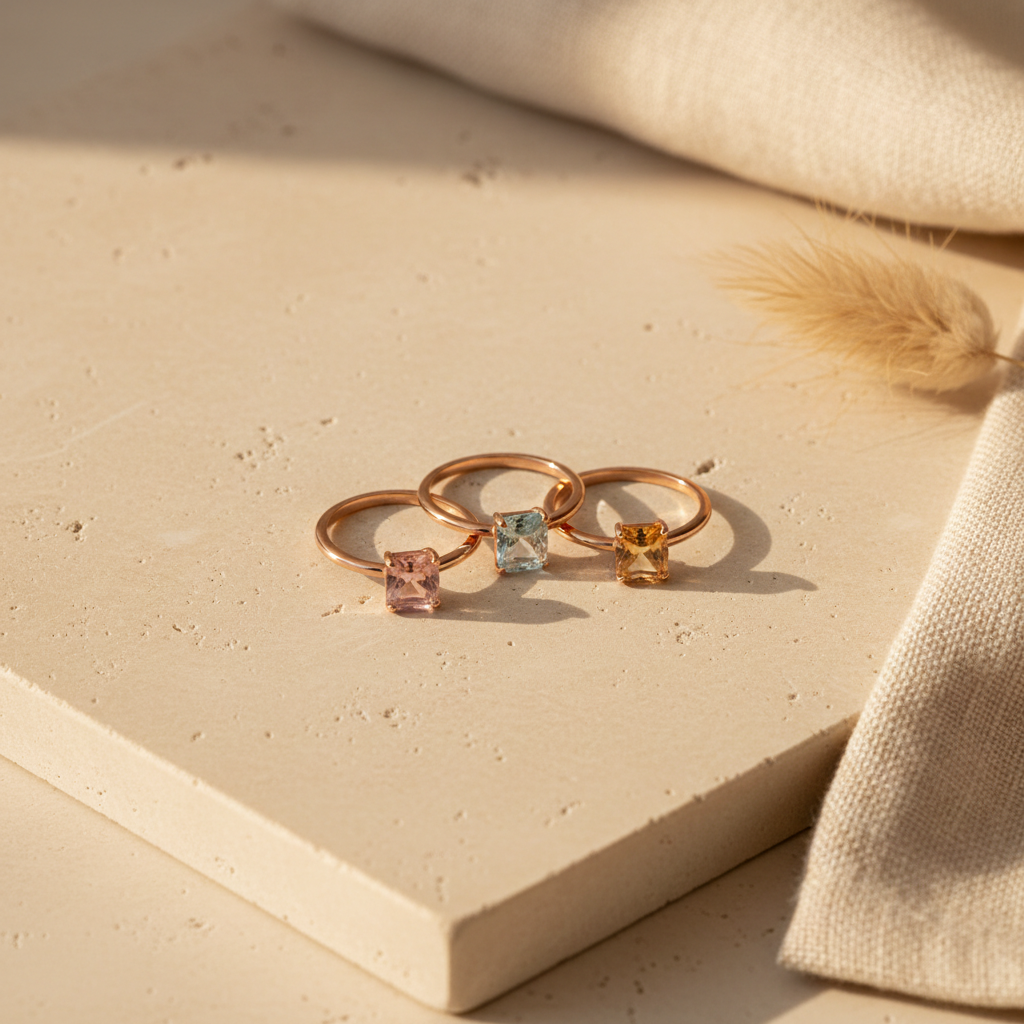 Rose gold birthstone rings with gemstone settings arranged on travertine — birthstone ring collection by Seeyoura