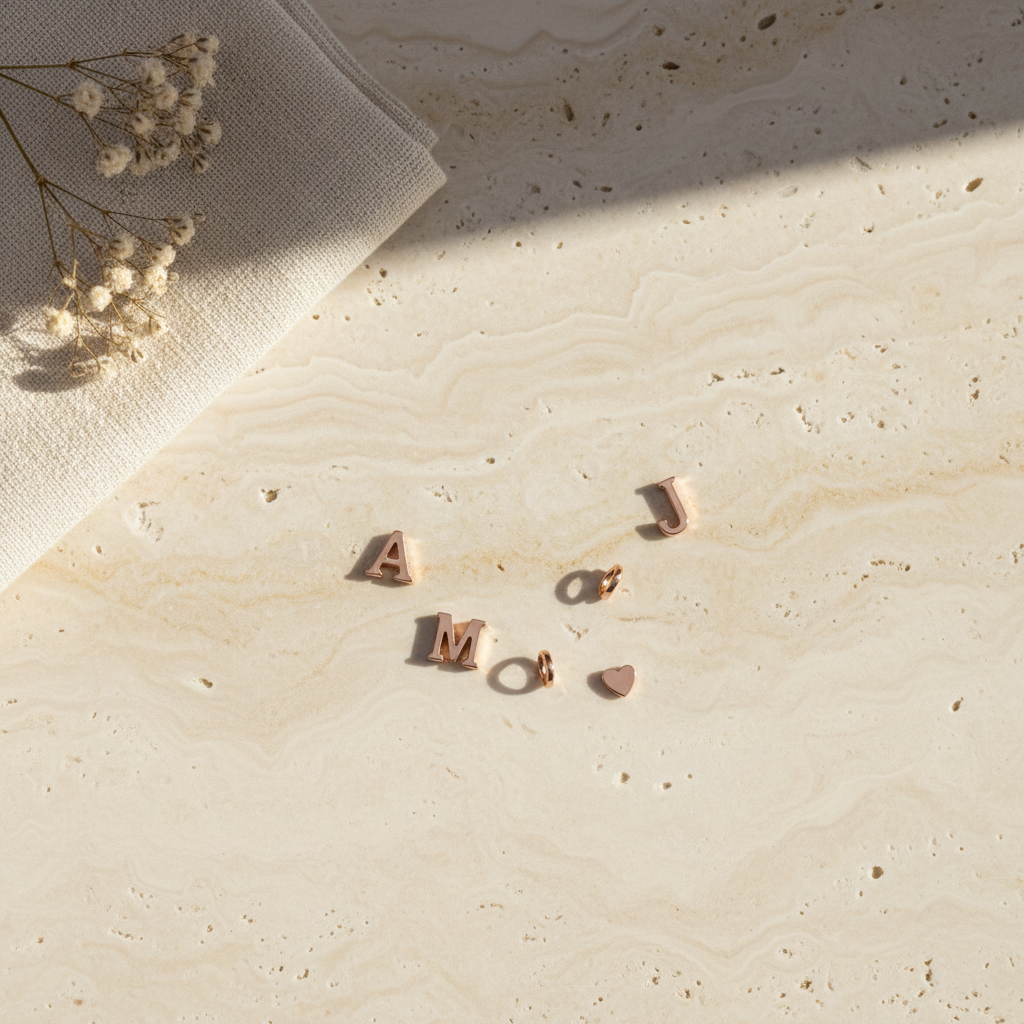 Rose gold letter and charm pendants arranged on travertine — charms collection by Seeyoura