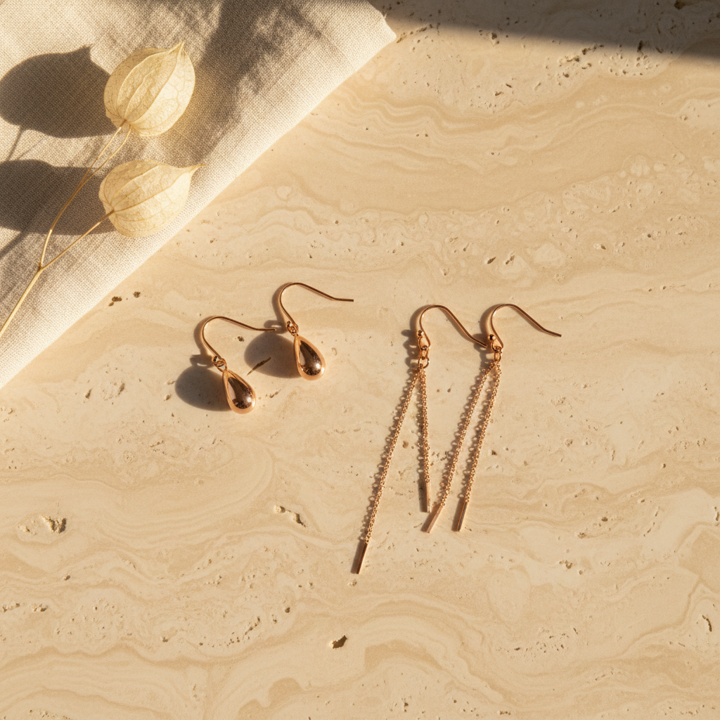 Rose gold drop earrings arranged on travertine — drop earring collection by Seeyoura