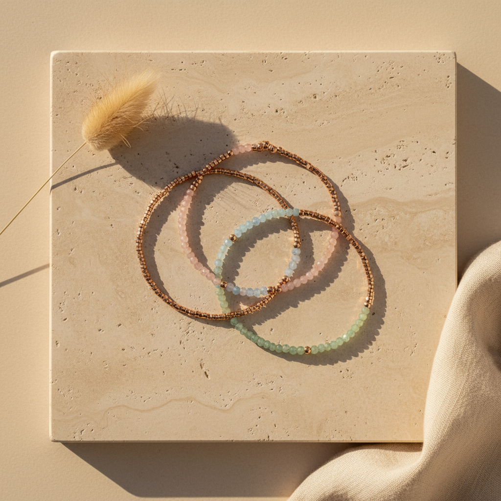 Rose gold birthstone bracelets with gemstone beads arranged on travertine — birthstone bracelet collection by Seeyoura