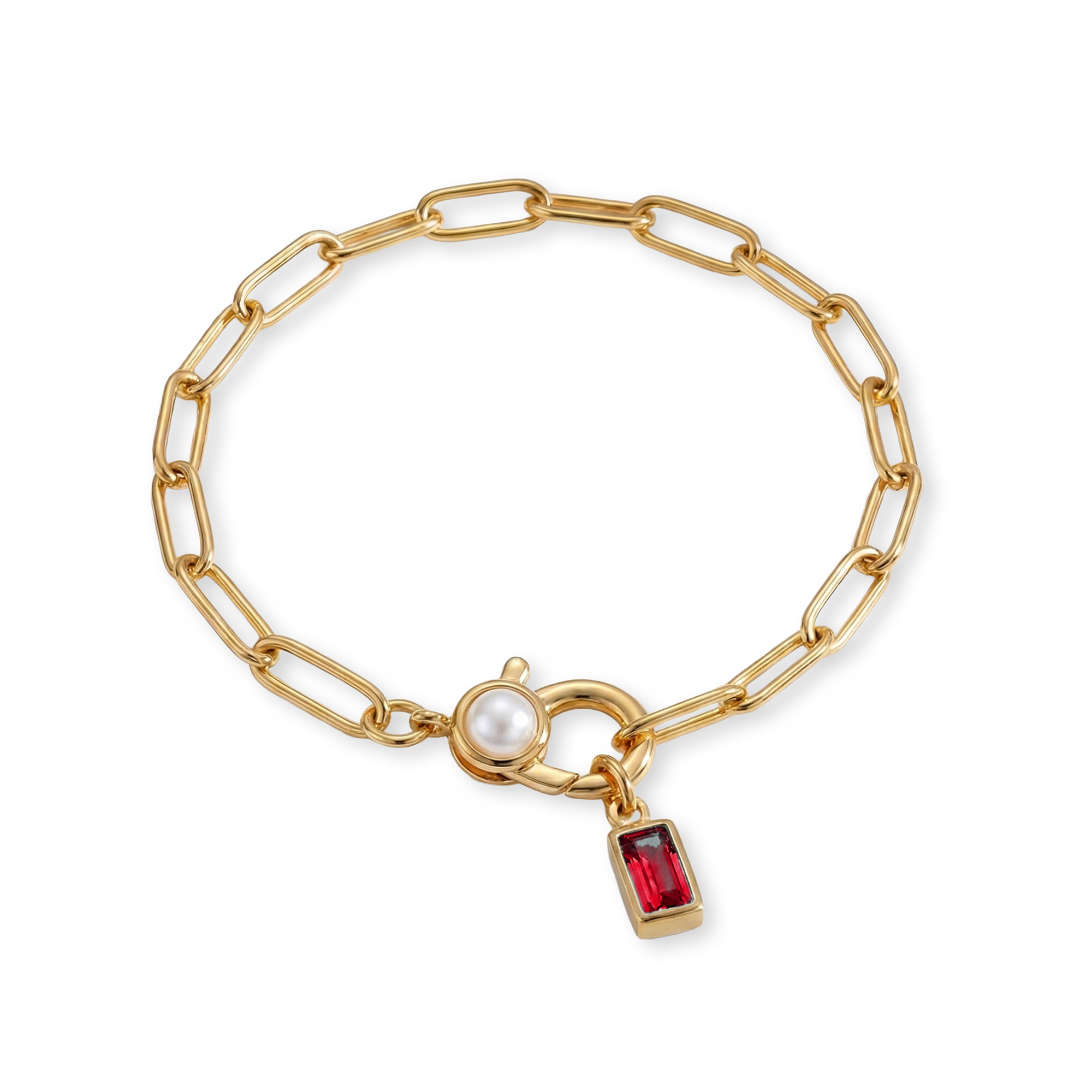 Paperclip Bracelet with Pearl Accent with Dainty Baguette Birthstone Charm
