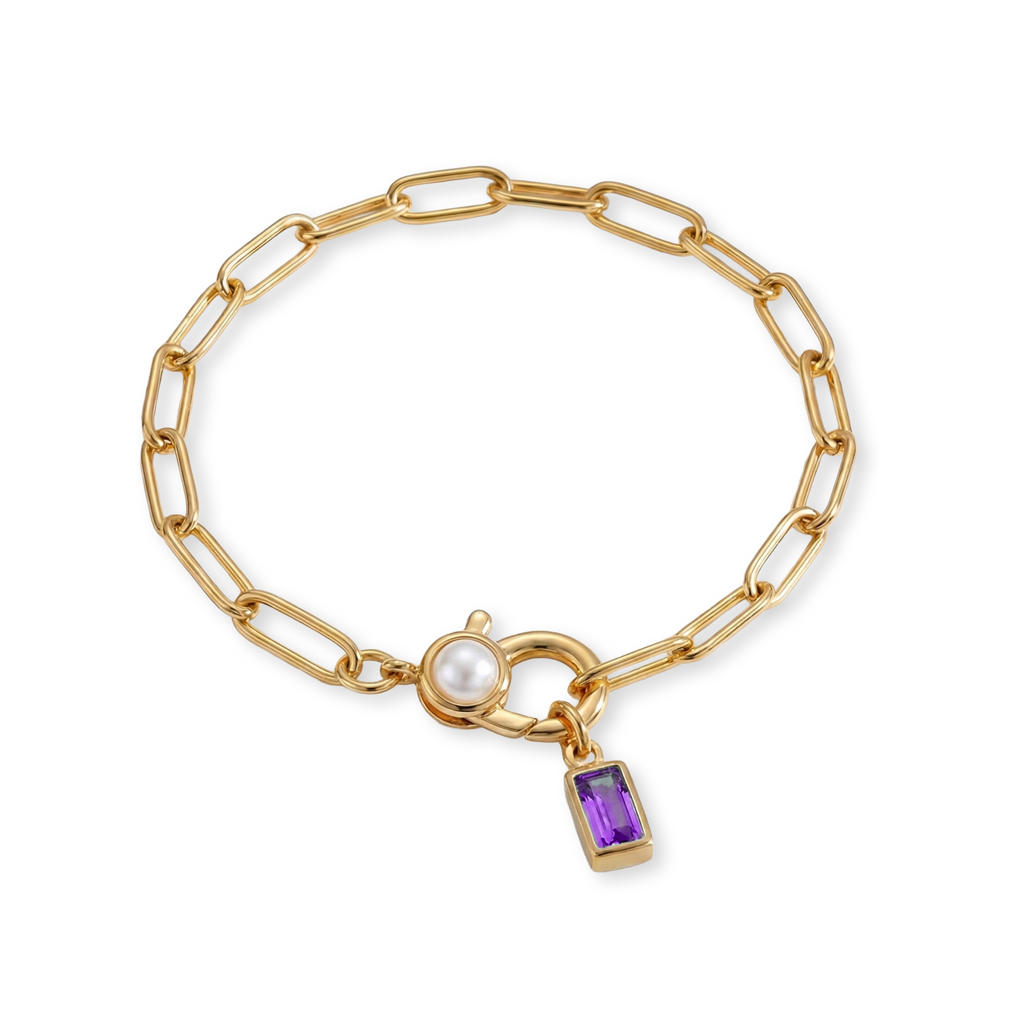 Paperclip Bracelet with Pearl Accent with Dainty Baguette Birthstone Charm