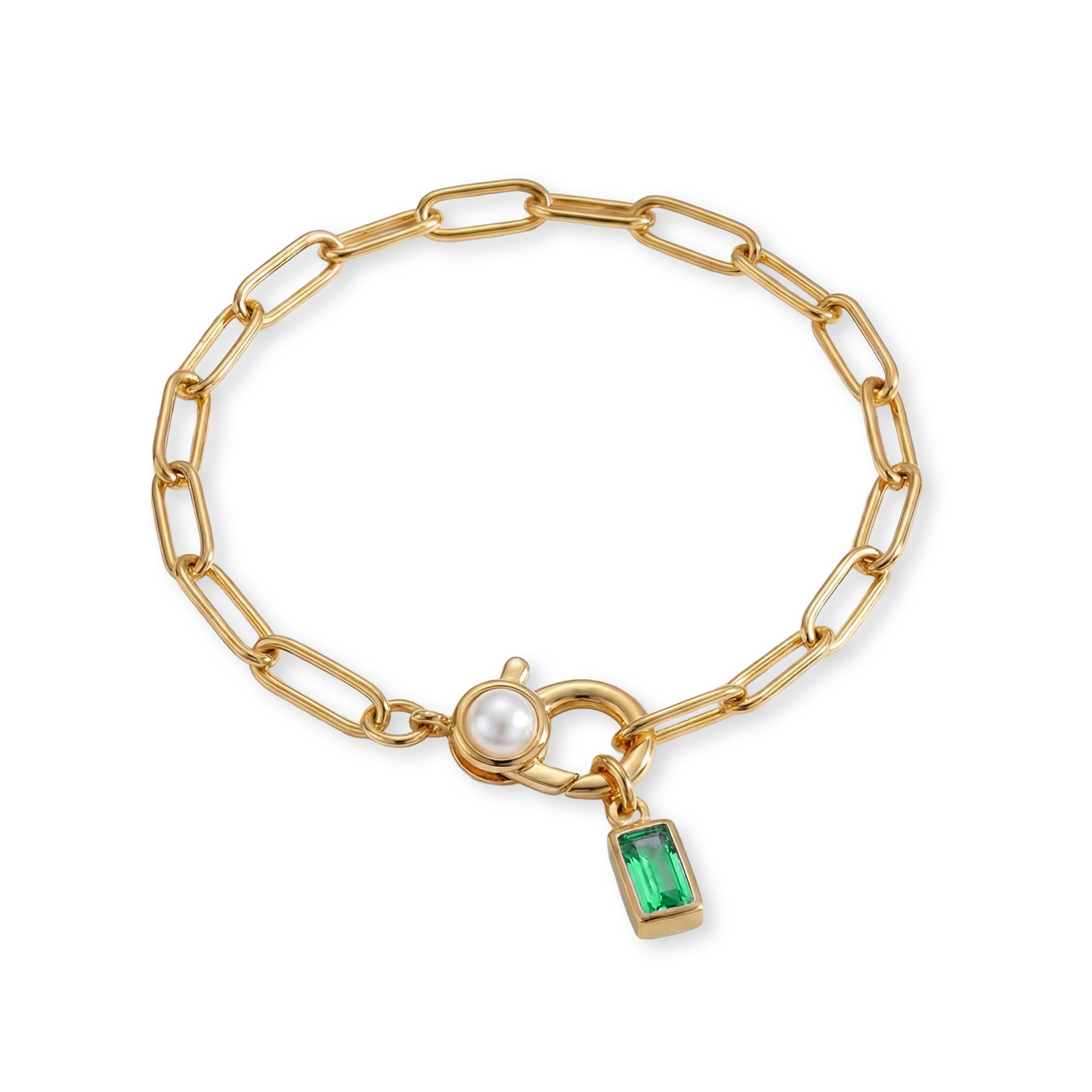 Paperclip Bracelet with Pearl Accent with Dainty Baguette Birthstone Charm