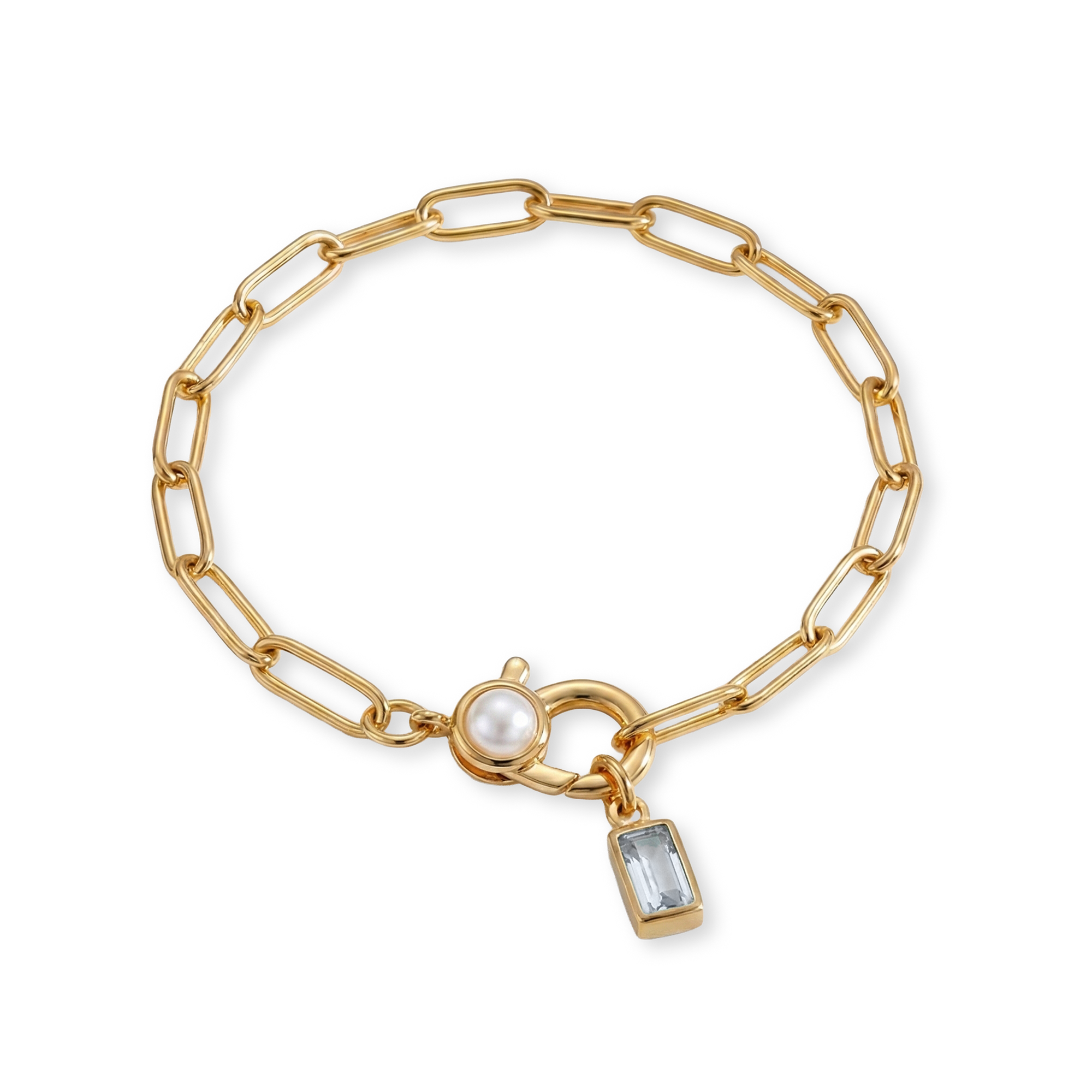 Paperclip Bracelet with Pearl Accent with Dainty Baguette Birthstone Charm