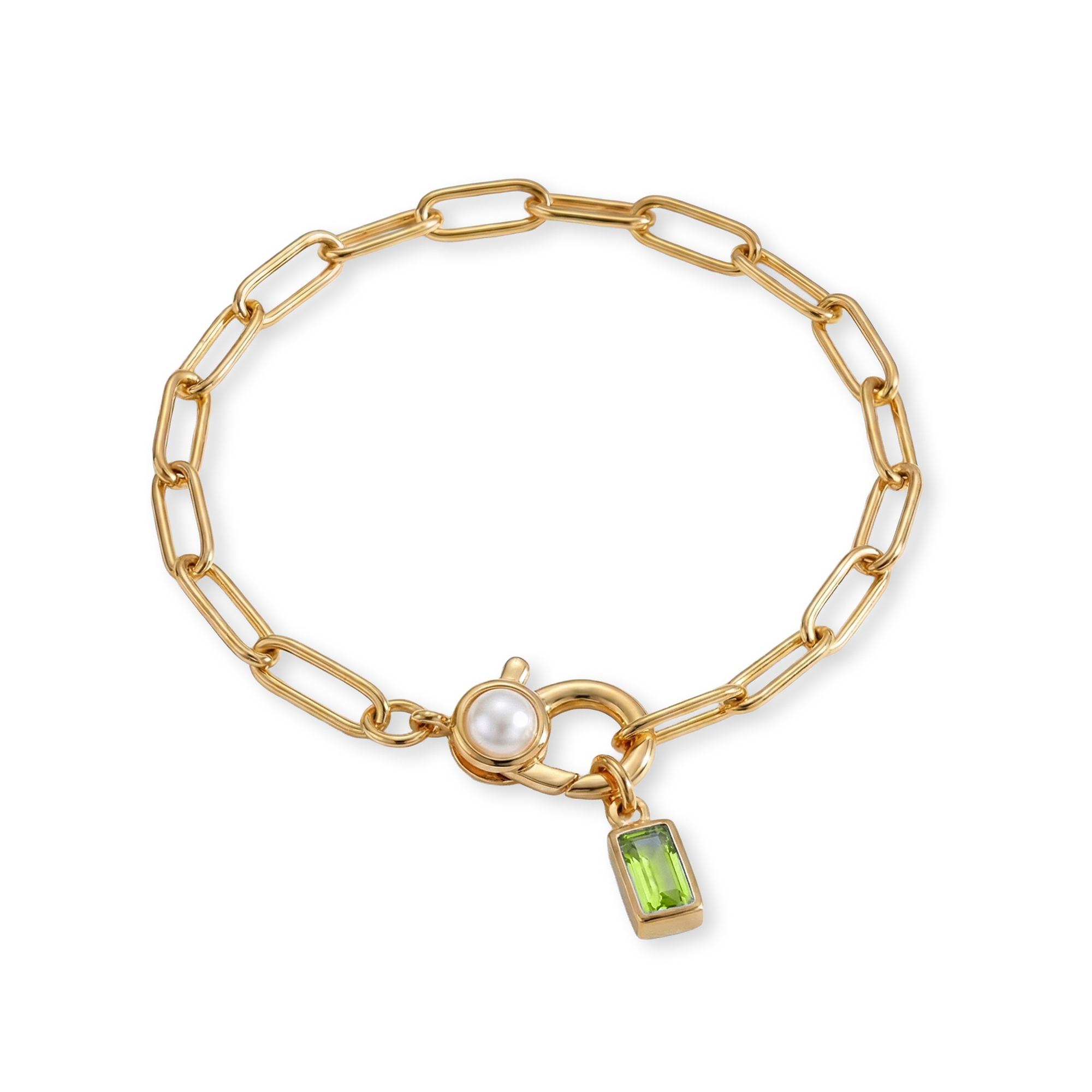 Paperclip Bracelet with Pearl Accent with Dainty Baguette Birthstone Charm