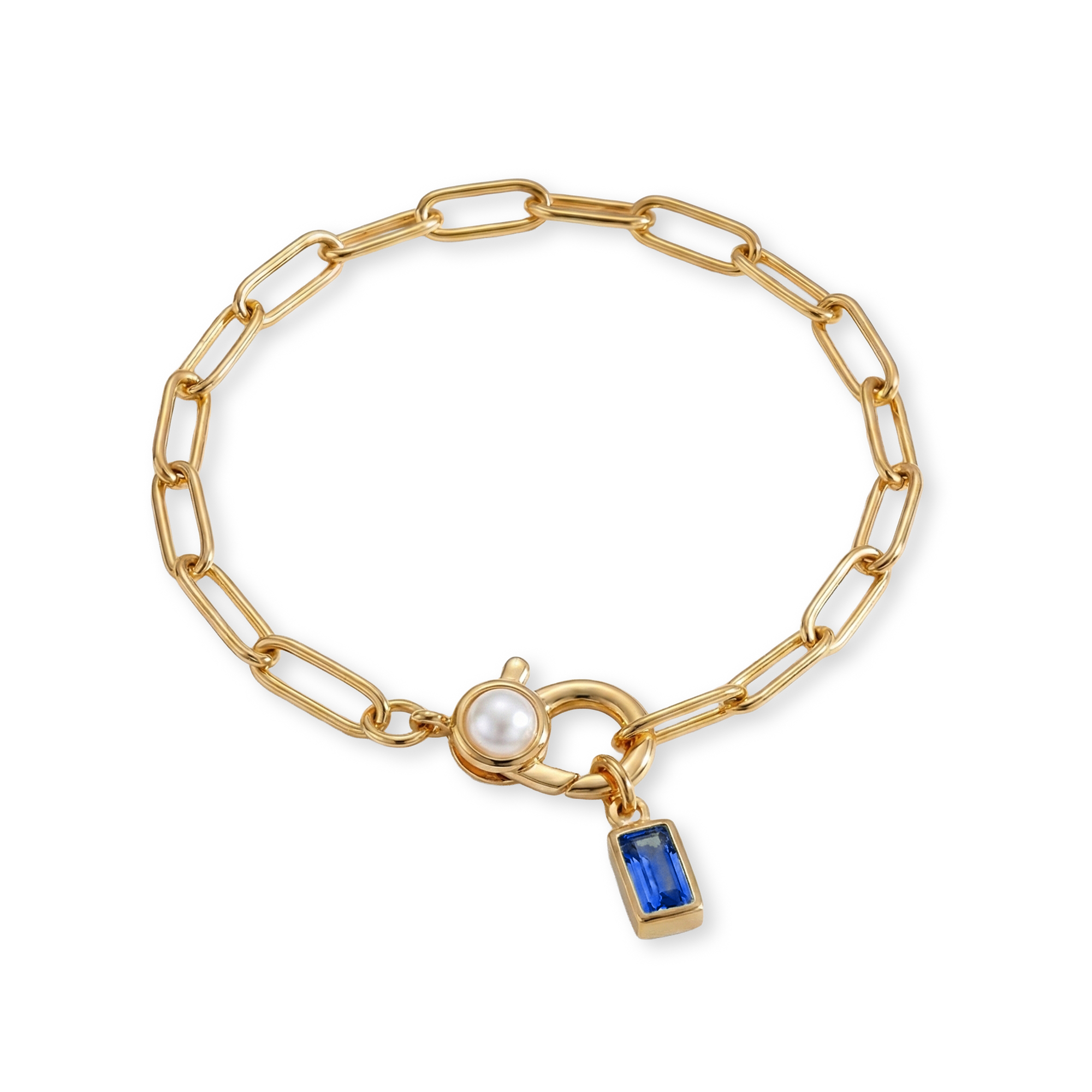 Paperclip Bracelet with Pearl Accent with Dainty Baguette Birthstone Charm