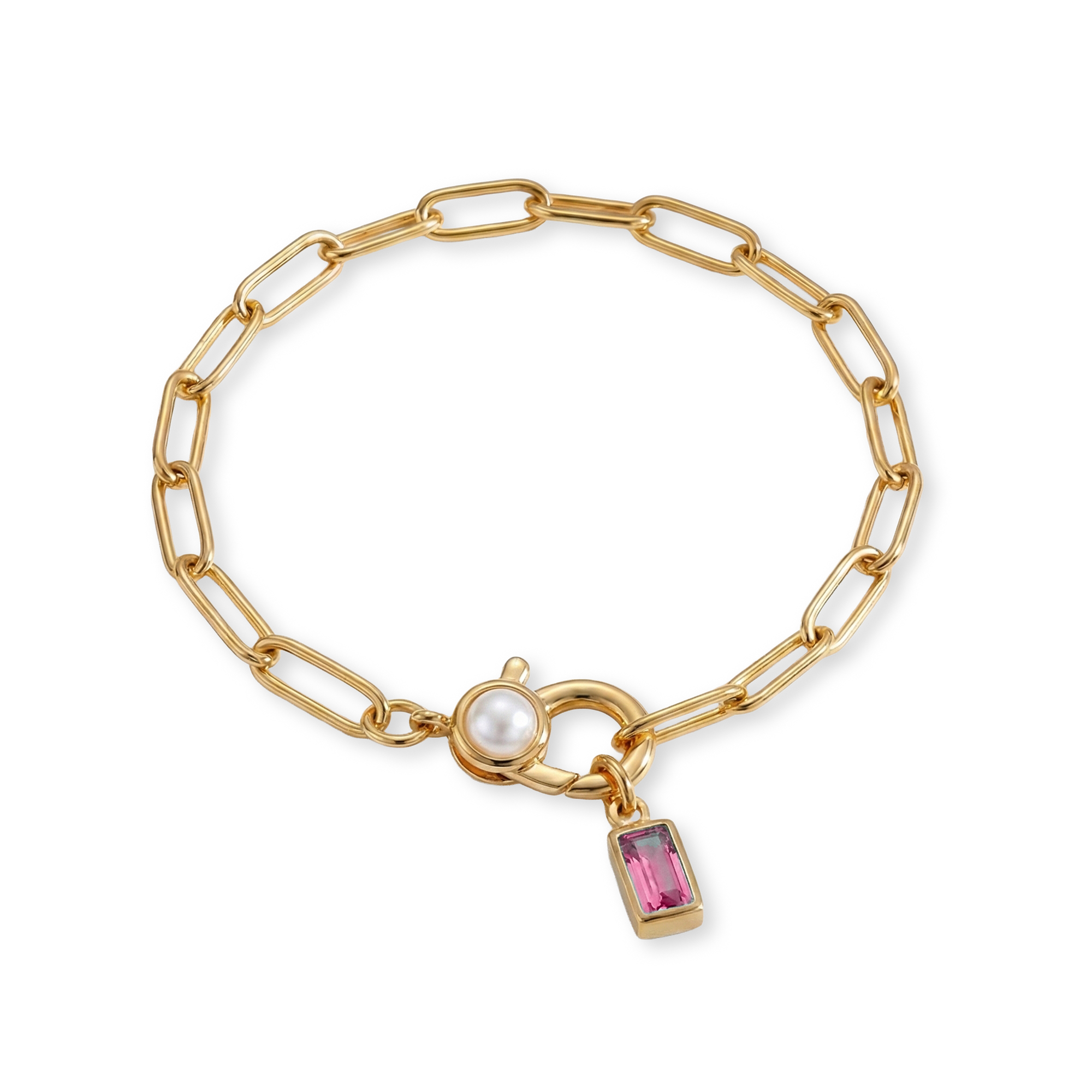 Paperclip Bracelet with Pearl Accent with Dainty Baguette Birthstone Charm