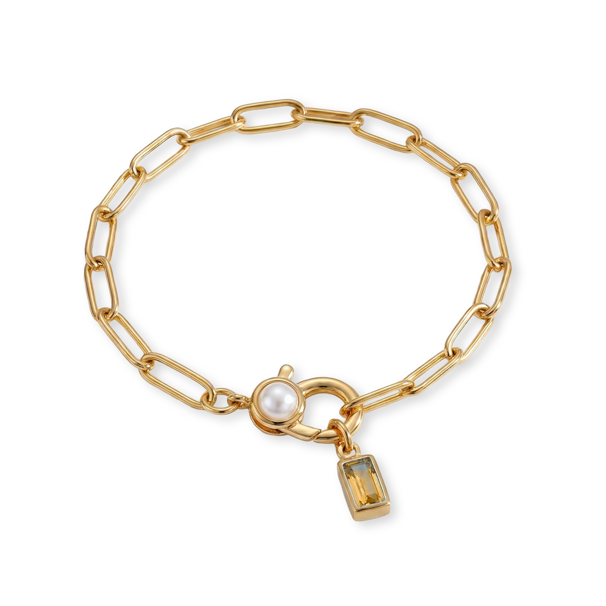 Paperclip Bracelet with Pearl Accent with Dainty Baguette Birthstone Charm
