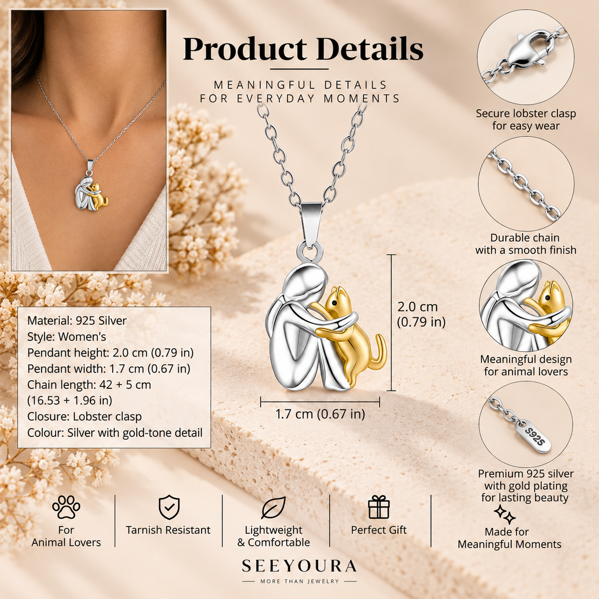 Silver animal-themed pendant necklace featuring a mother and child design, shown on a model's neck and as a product detail infographic with dimensions, material, and care information.