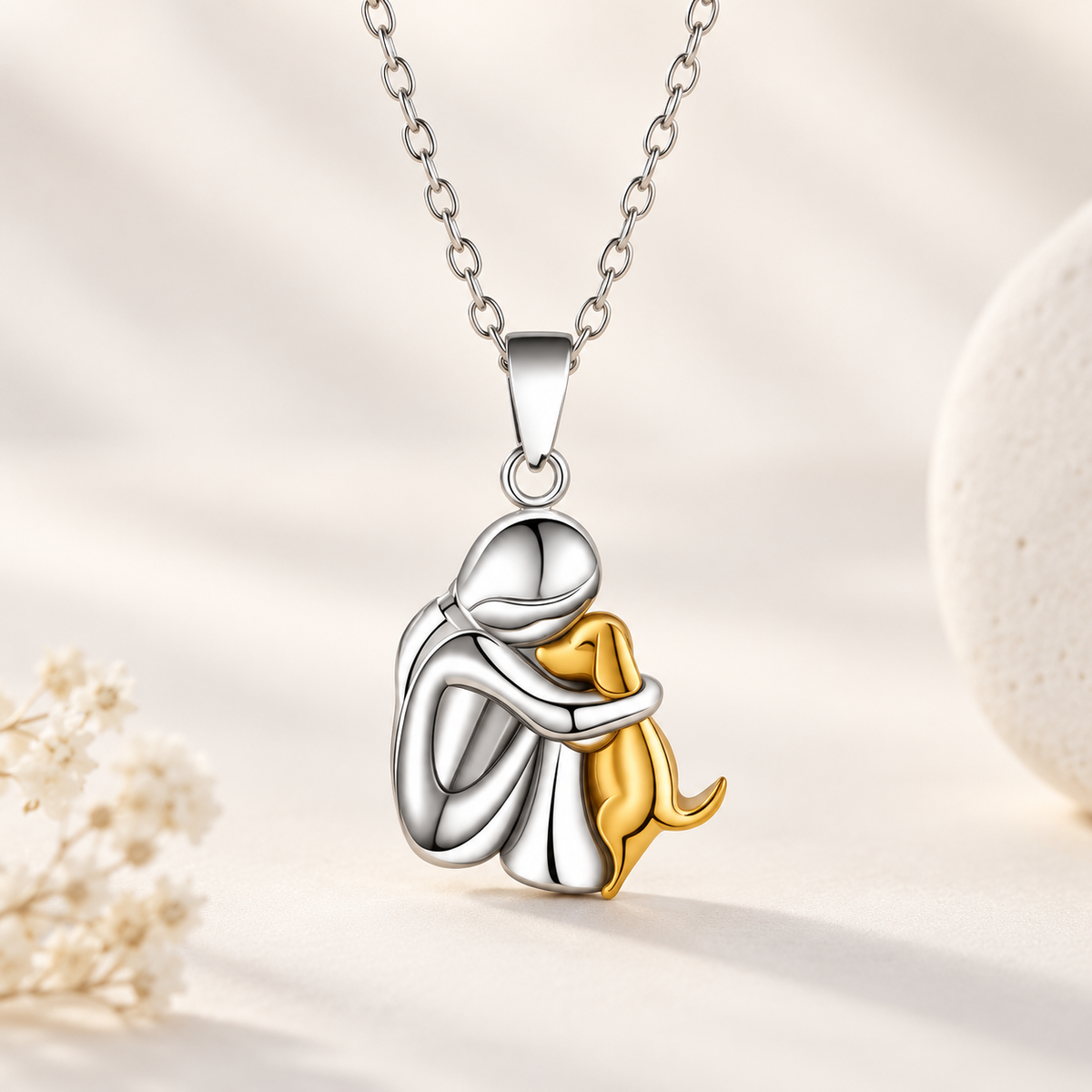 A silver pendant necklace featuring a polished silver figure hugging a small gold dog, suspended from a silver chain against a warm beige background with soft decorative props.