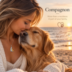 A woman and a golden retriever dog embrace on a beach at sunset, wearing a small pendant necklace with a cartoon penguin on a silver chain. The image features warm golden-hour lighting and text overlays reading 'Compagnon' and 'Always by your side'.