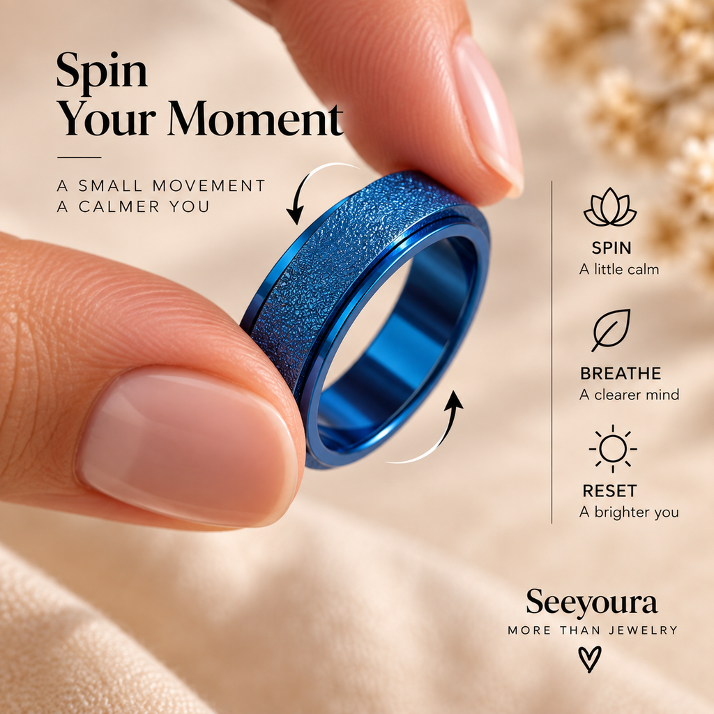 A close-up of a person's fingers holding a blue metallic ring with a textured outer band, set against a soft beige background with promotional text and icons about spinning the ring.