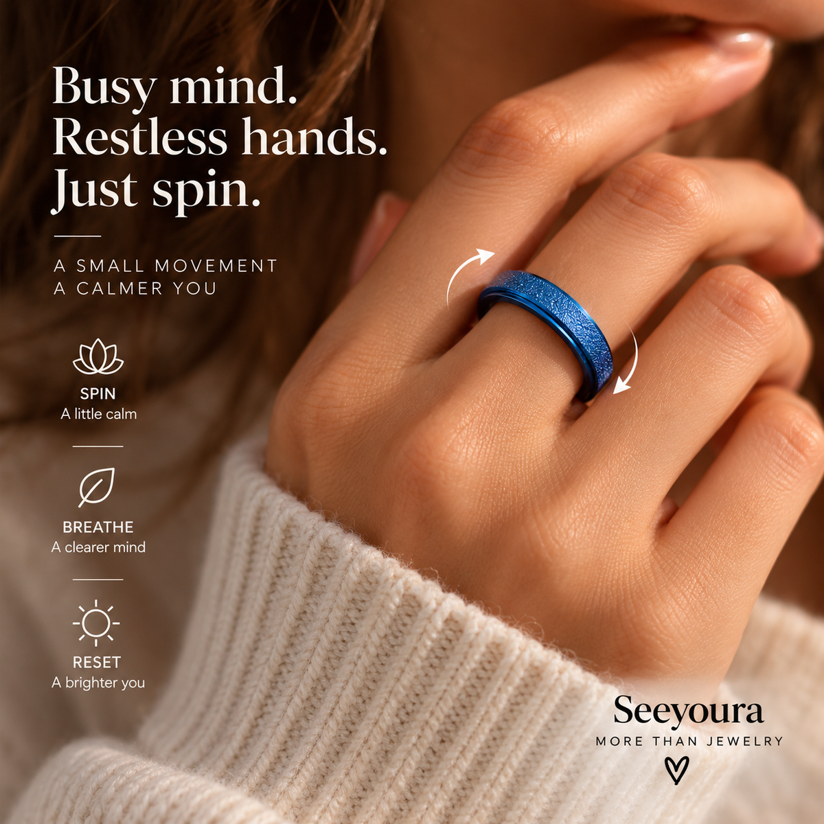 A close-up of a person's hand wearing a textured blue ring, with promotional text and icons on the left and the Seeyoura brand logo on the bottom right. The image demonstrates the ring's spinning motion with white arrow graphics.