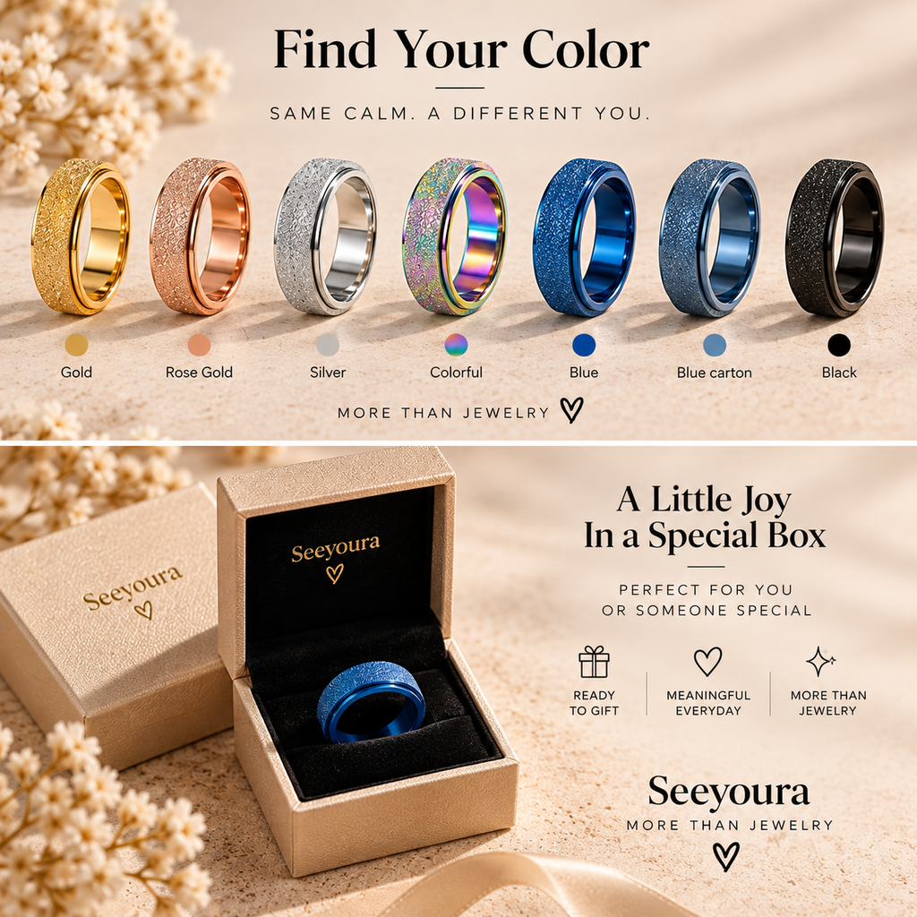 Promotional collage for Seeyoura rings and gift box. Top half shows six ring color options labeled Gold, Rose Gold, Silver, Colorful, Blue, Blue carton, and Black on a beige textured background with the headline 'Find Your Color.