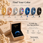 Promotional collage for Seeyoura rings and gift box. Top half shows six ring color options labeled Gold, Rose Gold, Silver, Colorful, Blue, Blue carton, and Black on a beige textured background with the headline 'Find Your Color.