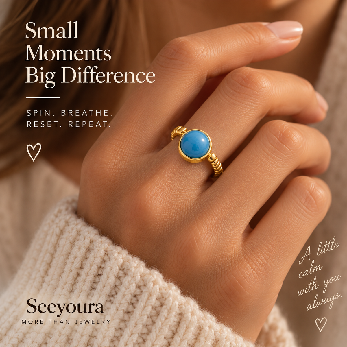 A close-up lifestyle shot of a person's hand wearing a gold ring with a round turquoise-blue stone. The image features promotional text for 'Seeyoura' and a cozy, warm aesthetic.