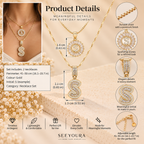 Product details infographic for a gold initial 'S' necklace set by SeeYoura, showing the necklace, close-up detail circles, dimensions of the pendant, and feature icons on a warm beige background.