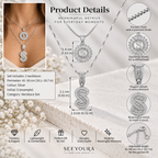 Product details infographic for a SeeYoura necklace set, featuring a silver pendant necklace with a sparkling initial 'S' pendant, dimension measurements, close-up detail callouts, and product specifications on a soft beige background.