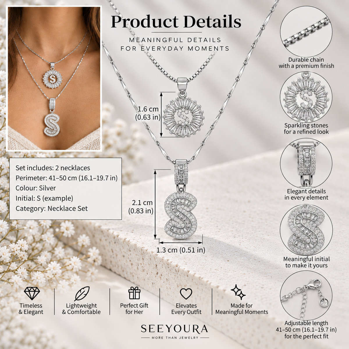Product details infographic for a SeeYoura necklace set, featuring a silver pendant necklace with a sparkling initial 'S' pendant, dimension measurements, close-up detail callouts, and product specifications on a soft beige background.