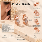 Product details graphic for SEEYOURA rose gold geometric earring with cubic zirconia stones, featuring a model's ear wearing the earring, product measurements, and feature callouts on a beige textured background.