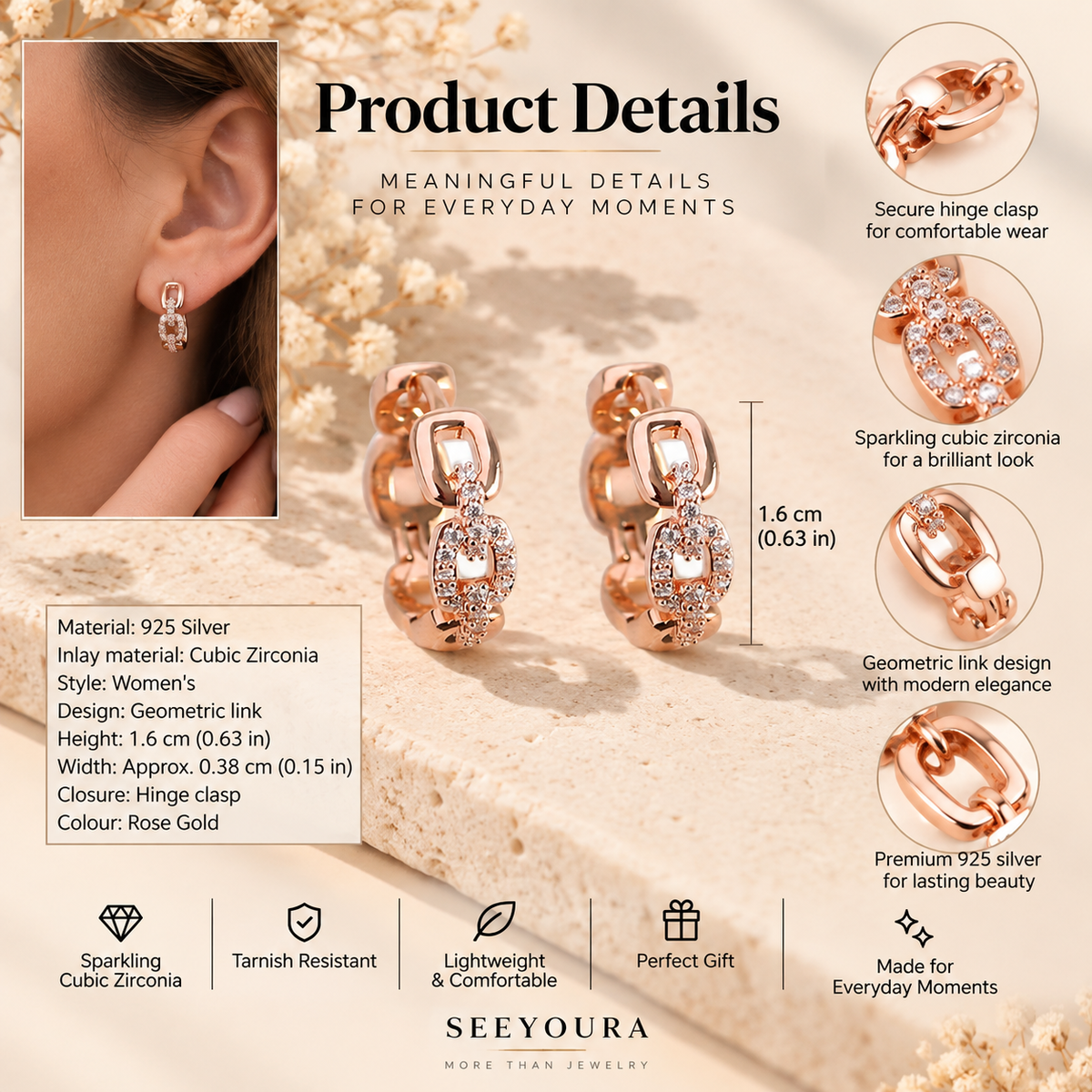 Product details graphic for SEEYOURA rose gold geometric earring with cubic zirconia stones, featuring a model's ear wearing the earring, product measurements, and feature callouts on a beige textured background.