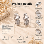 Silver geometric stud earrings with sparkling cubic zirconia accents, shown on a beige textured background with product detail callouts and text. The image includes close-up feature circles and specifications such as 1.
