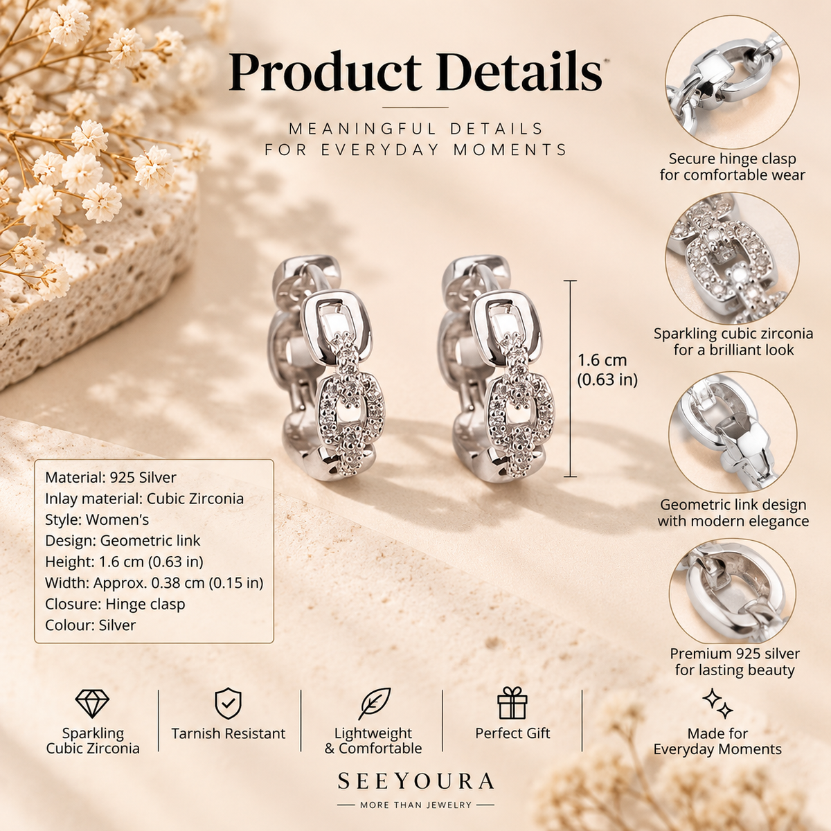 Silver geometric stud earrings with sparkling cubic zirconia accents, shown on a beige textured background with product detail callouts and text. The image includes close-up feature circles and specifications such as 1.