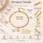 Product details infographic for a gold personalized bracelet by SEEYOURA, showing the bracelet with labeled dimensions, close-up detail callouts, and feature icons on a soft beige fabric background.