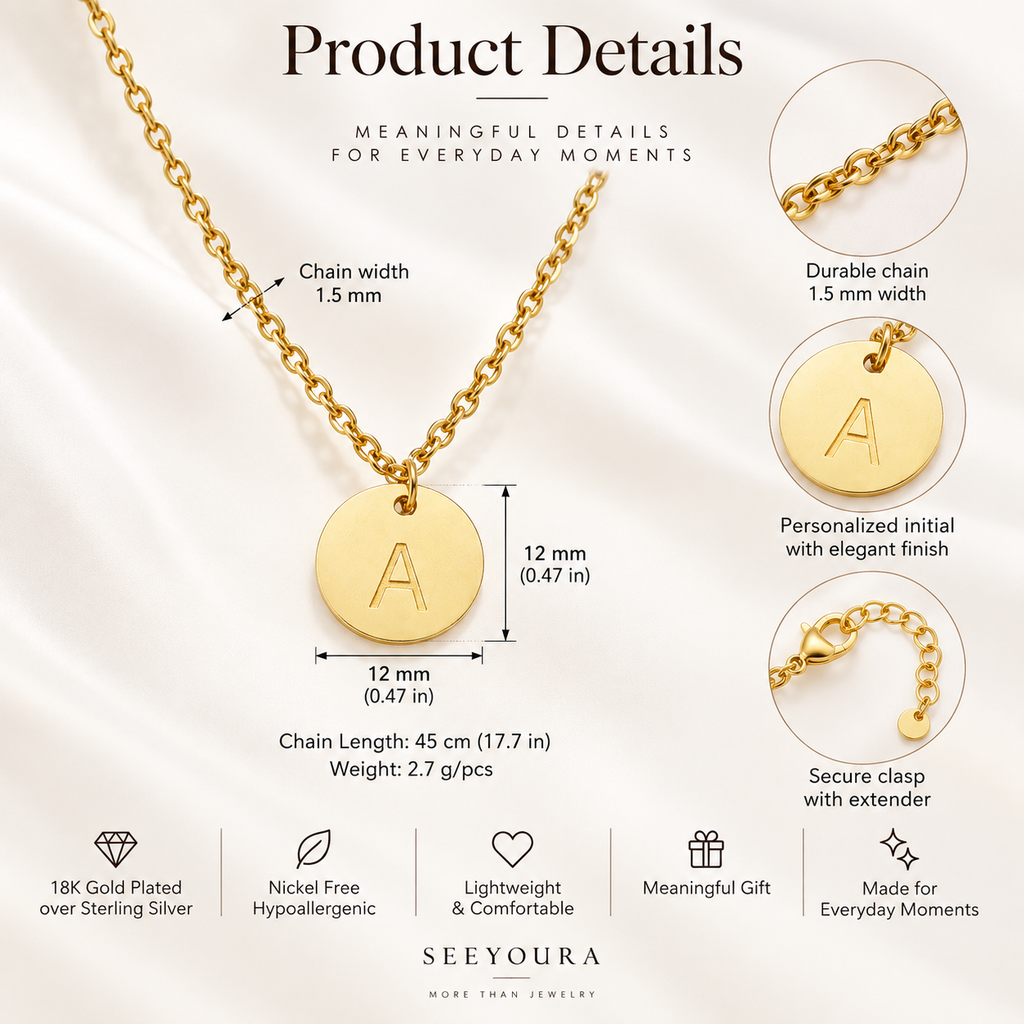 Gold disc pendant necklace with a personalized initial 'A' on a draped white fabric background, featuring product details, dimensions, and specifications from SEEYOURA.