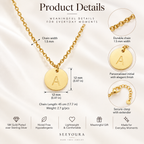 Gold disc pendant necklace with a personalized initial 'A' on a draped white fabric background, featuring product details, dimensions, and specifications from SEEYOURA.