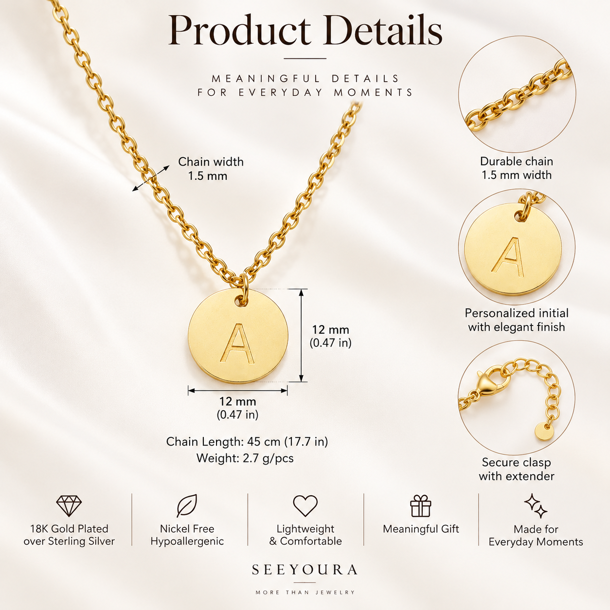 Gold disc pendant necklace with a personalized initial 'A' on a draped white fabric background, featuring product details, dimensions, and specifications from SEEYOURA.
