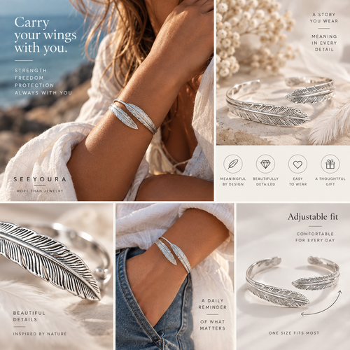 A collage showing a silver feather cuff bracelet worn on a woman's wrist in several lifestyle settings, with close-up detail shots and text callouts including 'See Your Aura' and 'Adjustable fit'.