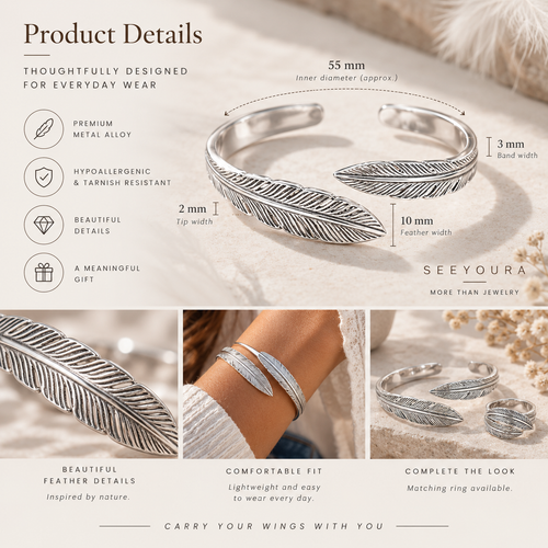 Silver feather-patterned bangle bracelet shown in a product details layout with measurements, including 55 mm inner diameter, 10 mm feather width, and 3 mm band width. The image includes close-up detail shots, text callouts, and a small inset showing the bracelet worn on a wrist.