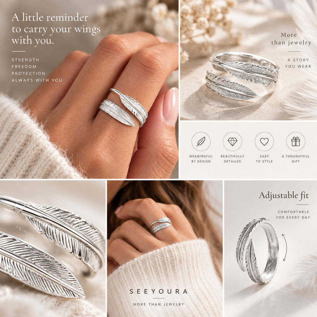 A collage showing a silver feather ring worn on a hand, close-up details of the ring, fit adjustment, and marketing text. The brand name SEEYOURA is visible at the bottom.
