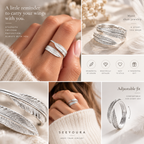 A collage showing a silver feather ring worn on a hand, close-up details of the ring, fit adjustment, and marketing text. The brand name SEEYOURA is visible at the bottom.