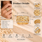 Gold ring with intricate woven detailing and sparkling clear stones, shown in a product details infographic with dimensions, weight, and feature callouts on a beige background.