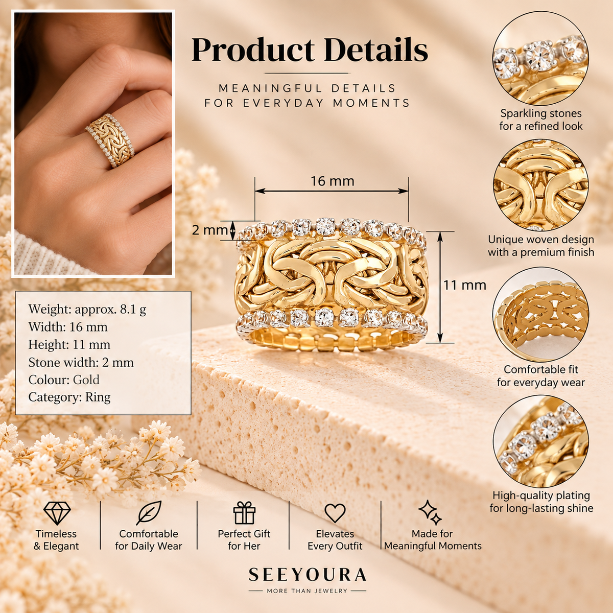 Gold ring with intricate woven detailing and sparkling clear stones, shown in a product details infographic with dimensions, weight, and feature callouts on a beige background.