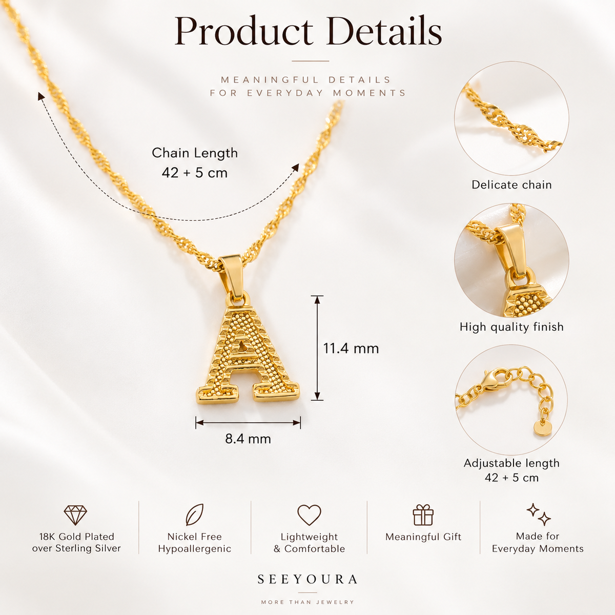 Gold initial necklace featuring the letter 'A' pendant, shown with product details, chain length measurements (42 + 5 cm), pendant dimensions (11.4 mm, 8.