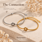 Two slim snake-style bracelets with knot centers, one silver-toned and one gold-toned, displayed on a textured beige stone surface with dried white flowers. The image includes the text 'The Connection' and 'Seeyoura MORE THAN JEWELRY', with 'S925' marks visible on the bracelet tags.
