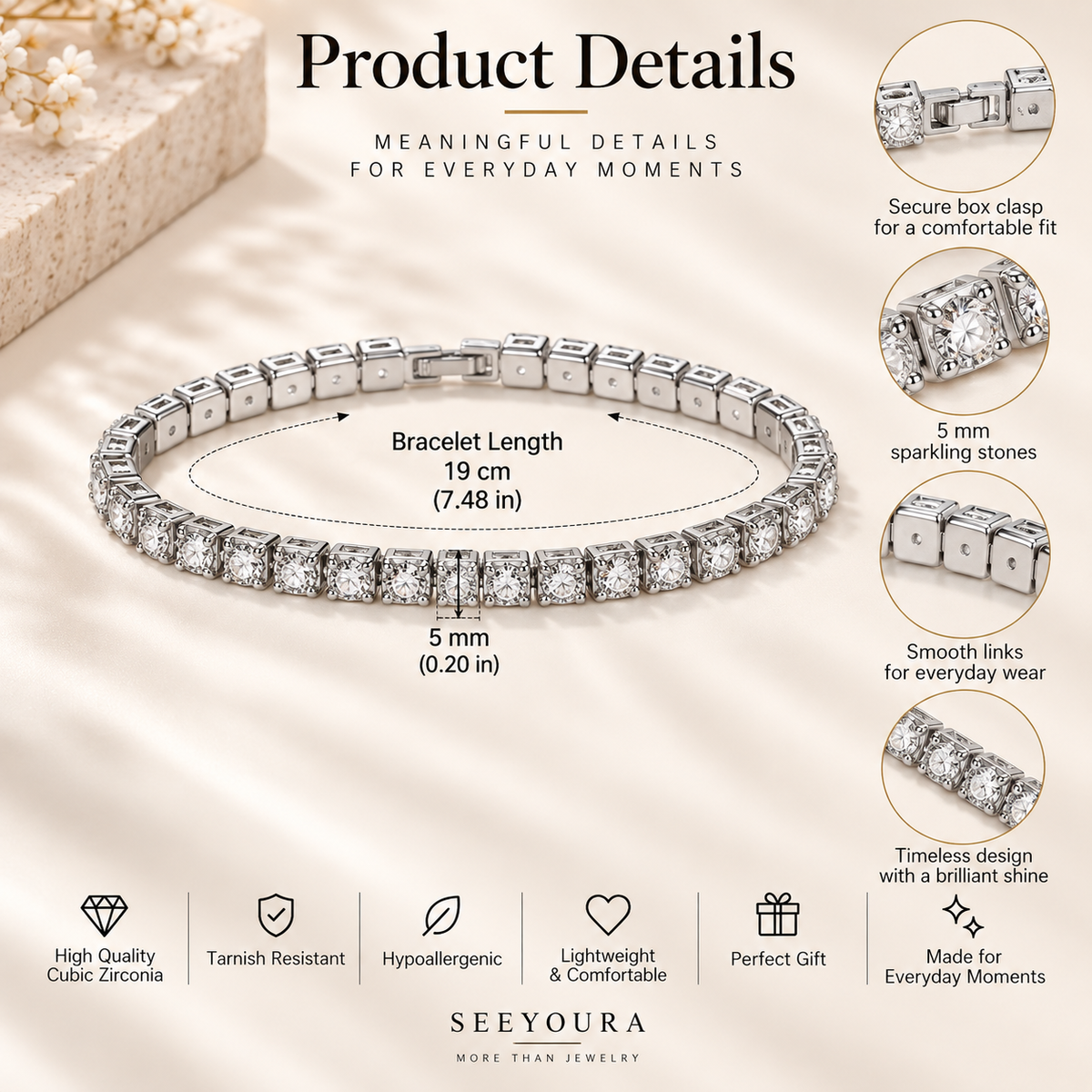 Product details graphic for a SeeYoura bracelet, showing a silver-toned tennis bracelet with cubic zirconia stones on a champagne satin background. The image includes labeled dimensions (bracelet length 19 cm and link width 5 mm), feature callouts with close-up insets, and benefit icons at the bottom.