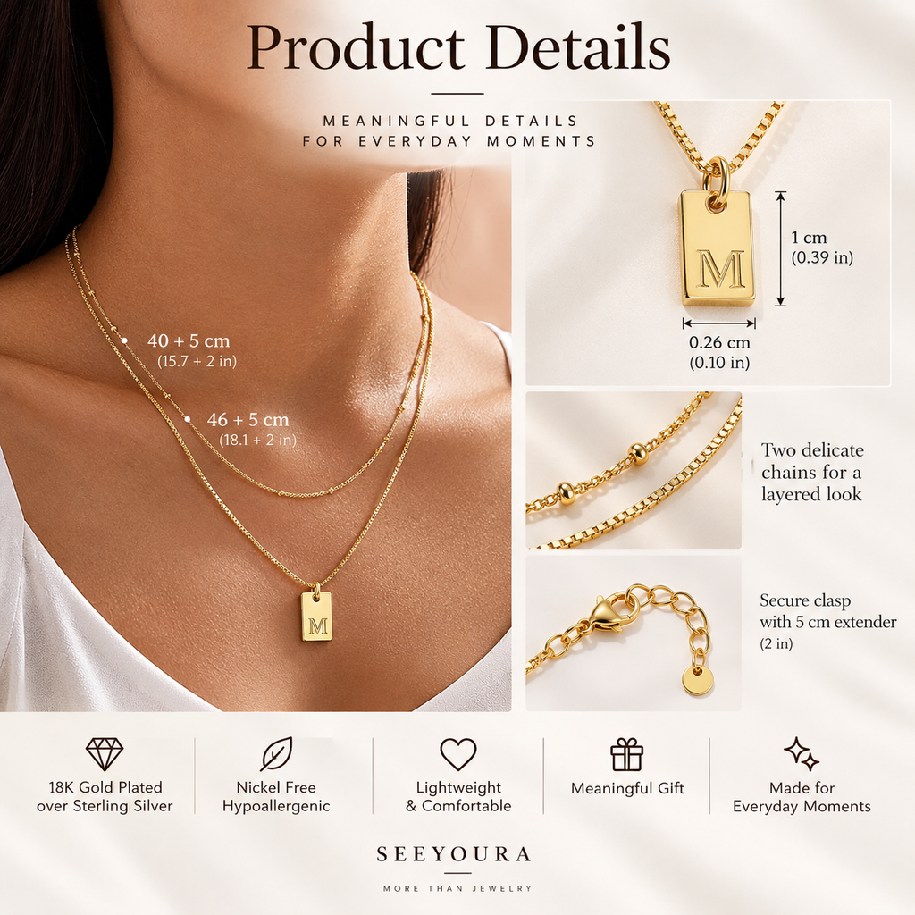 Product details graphic for a layered gold necklace set shown on a model's neck, with close-up inset views of the pendant, chain, and clasp. Text highlights dimensions, two delicate chains, secure clasp, and features like 18K gold-plated over sterling silver, nickel-free hypoallergenic, lightweight, meaningful gift, and made for everyday moments.