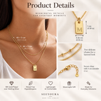 Product details graphic for a layered gold necklace set shown on a model's neck, with close-up inset views of the pendant, chain, and clasp. Text highlights dimensions, two delicate chains, secure clasp, and features like 18K gold-plated over sterling silver, nickel-free hypoallergenic, lightweight, meaningful gift, and made for everyday moments.
