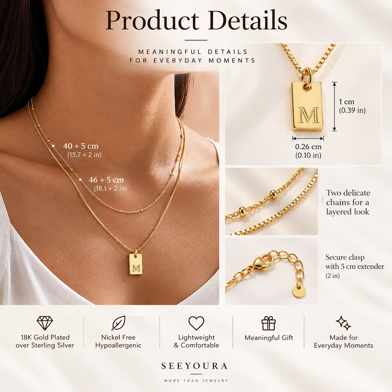 Product details graphic for a layered gold necklace set shown on a model's neck, with close-up inset views of the pendant, chain, and clasp. Text highlights dimensions, two delicate chains, secure clasp, and features like 18K gold-plated over sterling silver, nickel-free hypoallergenic, lightweight, meaningful gift, and made for everyday moments.