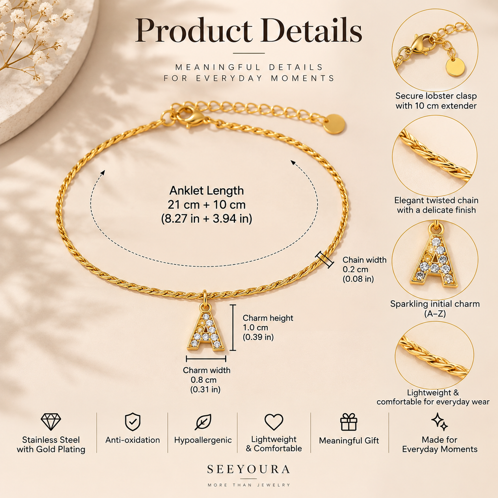 Gold chain anklet with a triangular charm, shown on a beige fabric background with product detail callouts, measurements, and feature icons. The image includes text noting ankle length, chain width, charm height, and material benefits.