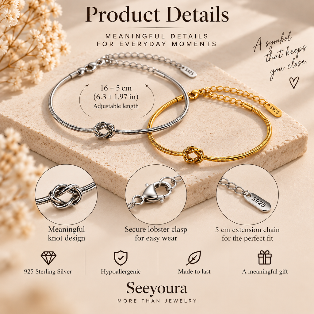 Product details graphic for a pair of adjustable bangle bracelets in sterling silver and yellow gold, featuring a knot design and lobster clasp, with text detailing dimensions, materials, and features on a beige background.