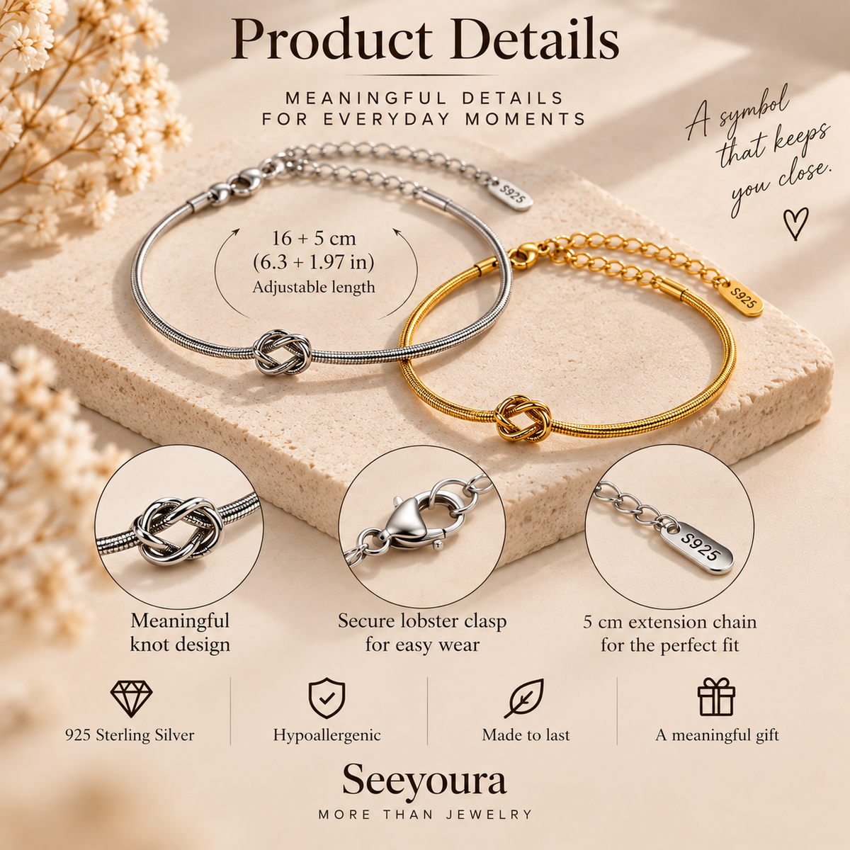 Product details graphic for a pair of adjustable bangle bracelets in sterling silver and yellow gold, featuring a knot design and lobster clasp, with text detailing dimensions, materials, and features on a beige background.