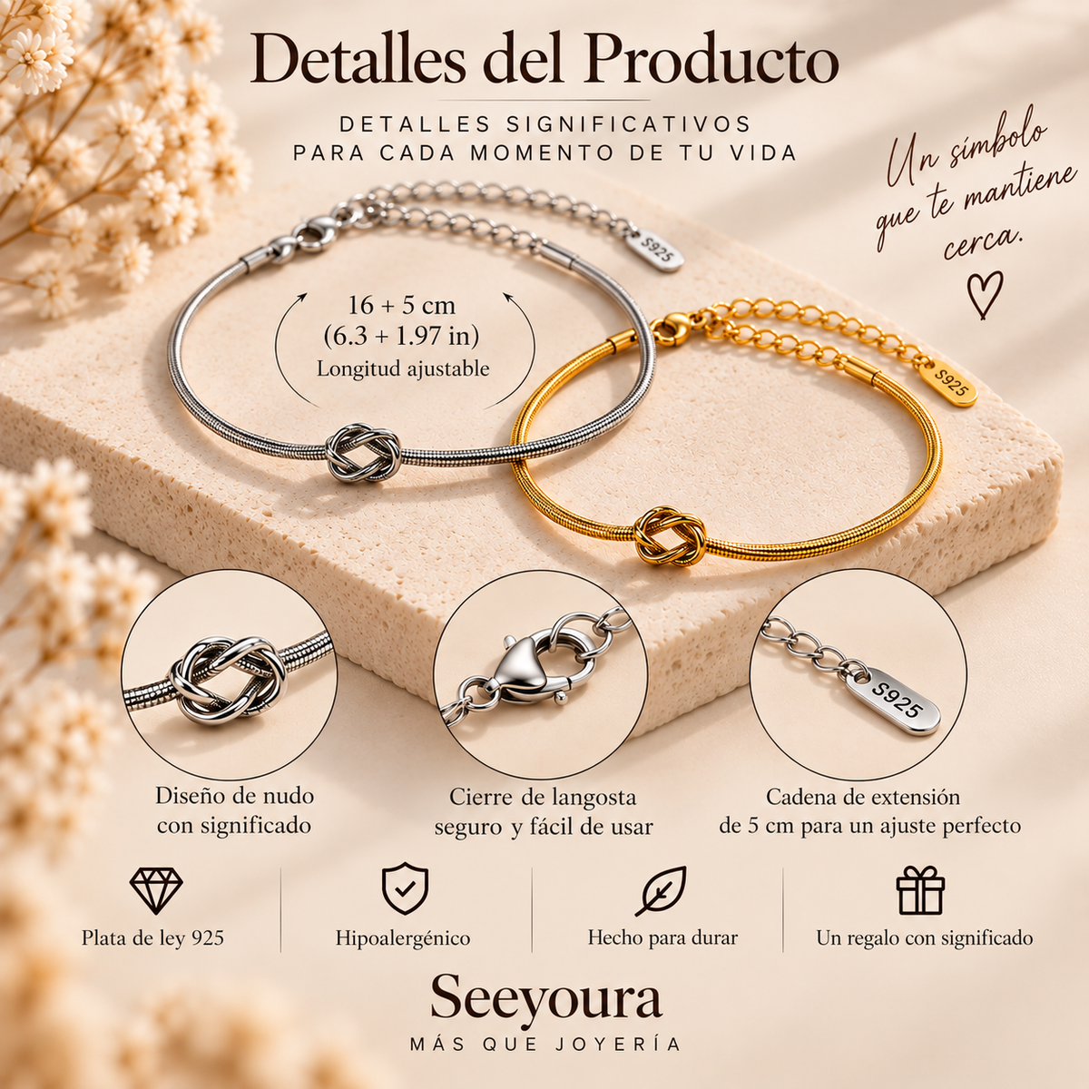 Promotional product graphic for two adjustable bracelet bracelets on a beige stone slab with Spanish text. The bracelets are shown in silver and gold tones, with detail callouts highlighting the knot design, secure clasp, and 5 cm extension chain.
